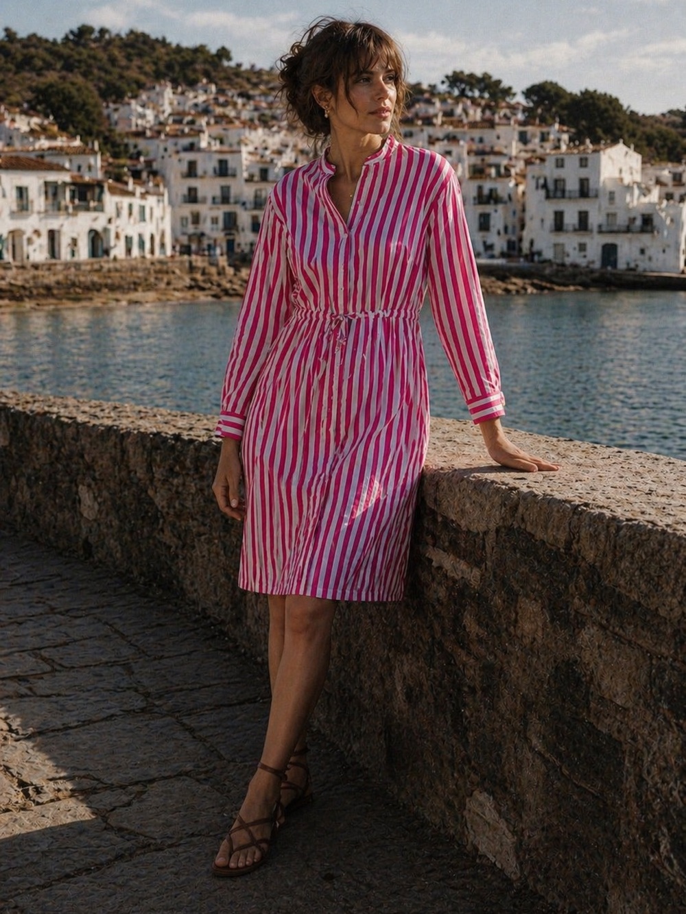 0039 Italy pink and white striped cinch waist long sleeve shirt  dress